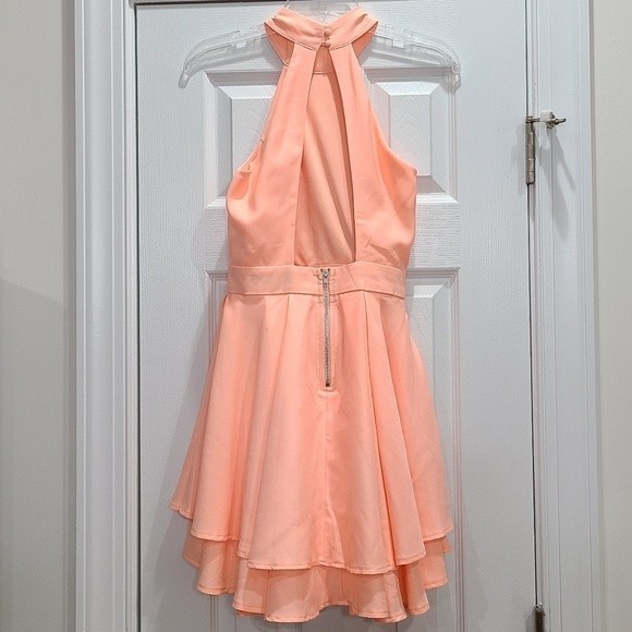 Lulus Dress Rehersal Ruffle Open Back Skater Dress Bright Peach Orange XS - Picture 6 of 8